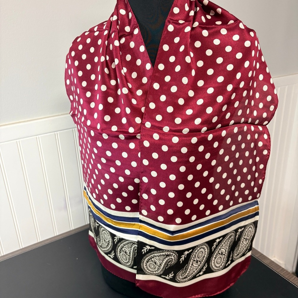 Jones New York Burgundy Polka Dot Paisley Striped Silk Feel Scarf 52x11